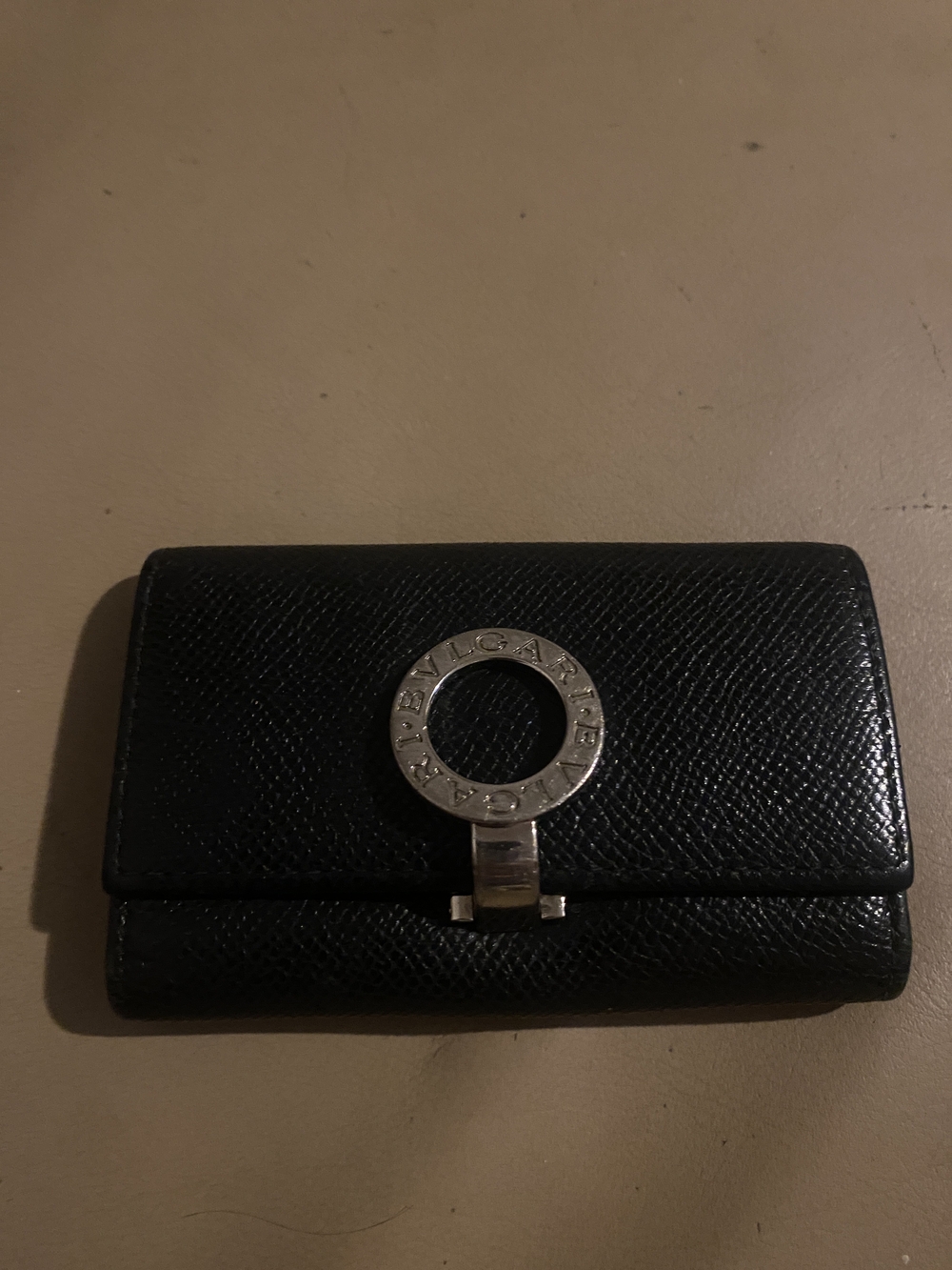 Bulgari Black Leather Key & Card Holder with Silver Circular Logo